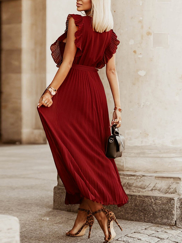 Chiffon Pleated Ruffle Belt Big Swing Elegant Maternity Maxi Dress