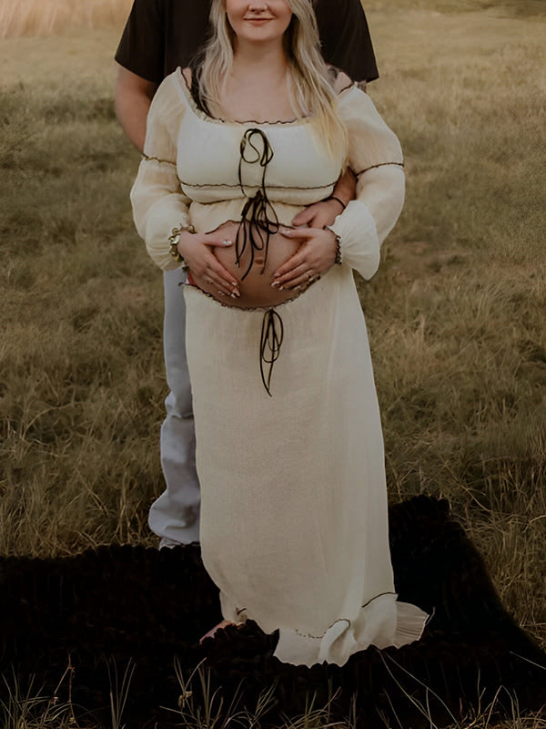Two-piece Suit Boat Neck Puff sleeve elegant pregnancy pregnant woman long dresses