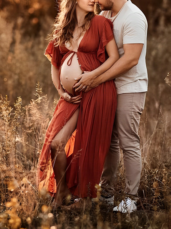 Single Breasted Drawstring Ruffle Tie Back Boho Maternity Photoshoot Maxi Dress