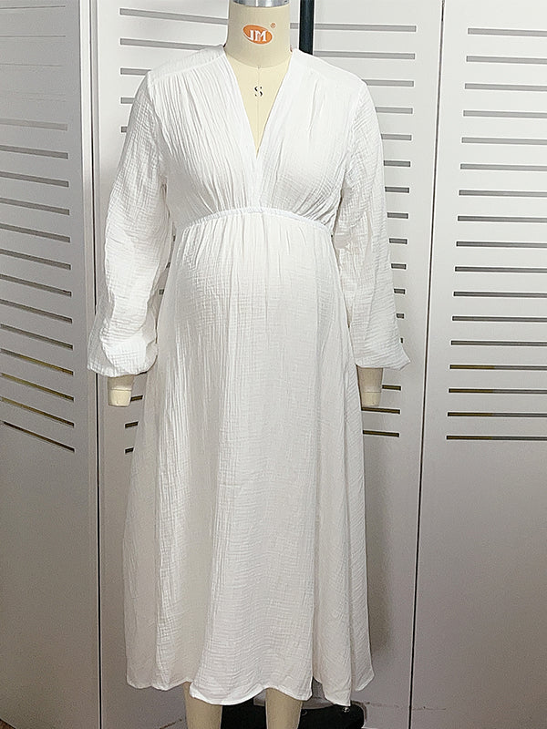 White V-neck Flowy Boho Maternity Photoshoot Maxi Dress