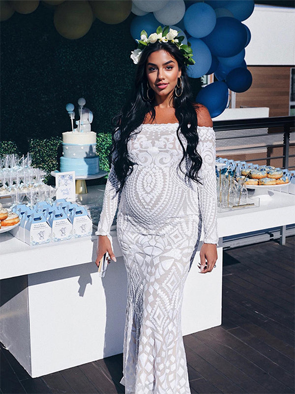 White Lace Sequin Off Shoulder Mermaid Bodycon Wedding Gown Baby Shower Elegant Foamal Maternity Photoshoot Maxi Dress
