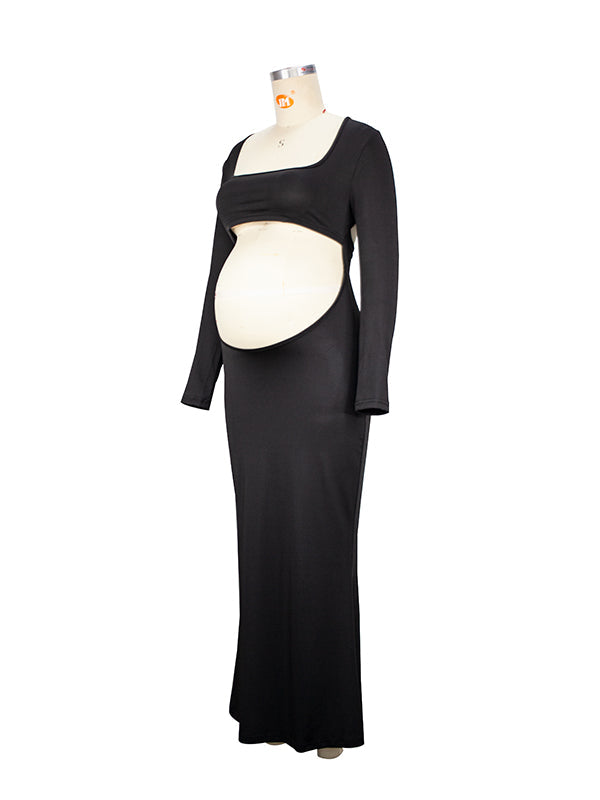 Black Cut Out Mermaid Crop Long Sleeve Backless Bodycon Cocktail Club Party Photoshoot Maternity Maxi Dress