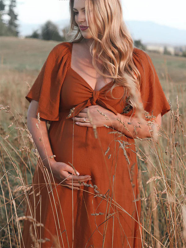 Bow Flutter Sleeve Flowy Beach Cute Photoshoot Maternity Maxi Dress