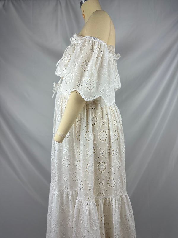 White Off Shoulder Ruffle Side Slit Big Swing Boho Maternity Photoshoot Maxi Dress