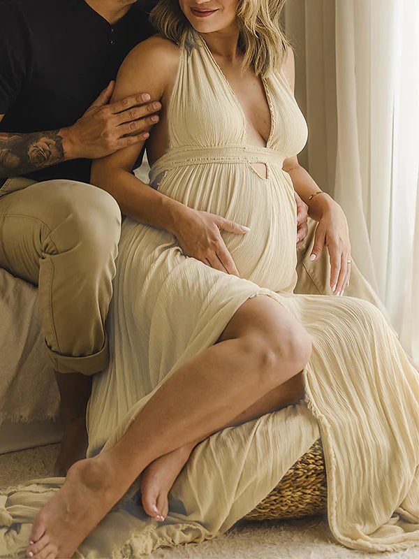 Cut Out V-Neck Side Slit Backless Tassel Halter Neck Vacation Photoshoot Maternity Maxi Dress