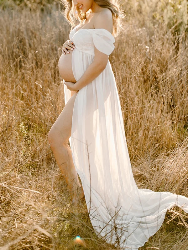 Off-shoulder Grenadine Cross Chest Maternity Dresses For Photoshoot Maxi Dress
