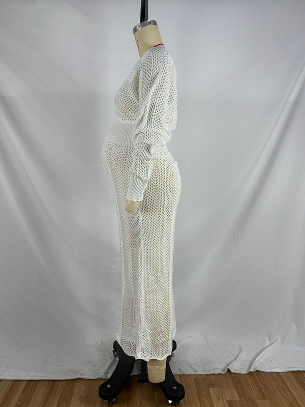 White Crochet Knit Hollow Out Deep V-neck Lantern Sleeve Bodycon Elegant Going Out Maternity Sweater Maxi Dress