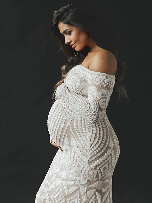 White Lace Sequin Off Shoulder Mermaid Bodycon Wedding Gown Baby Shower Elegant Foamal Maternity Photoshoot Maxi Dress