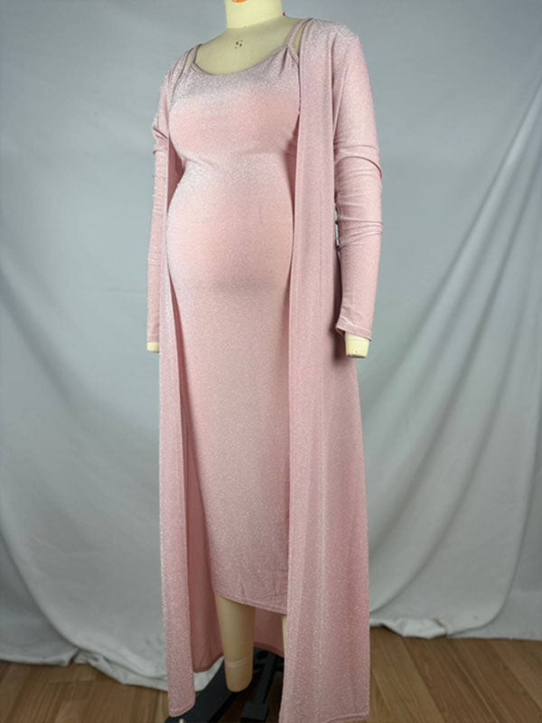Pink Bright Wire 2-in-1 Glitter Bodycon Baby Shower Cardigan Set Maternity Midi Dress