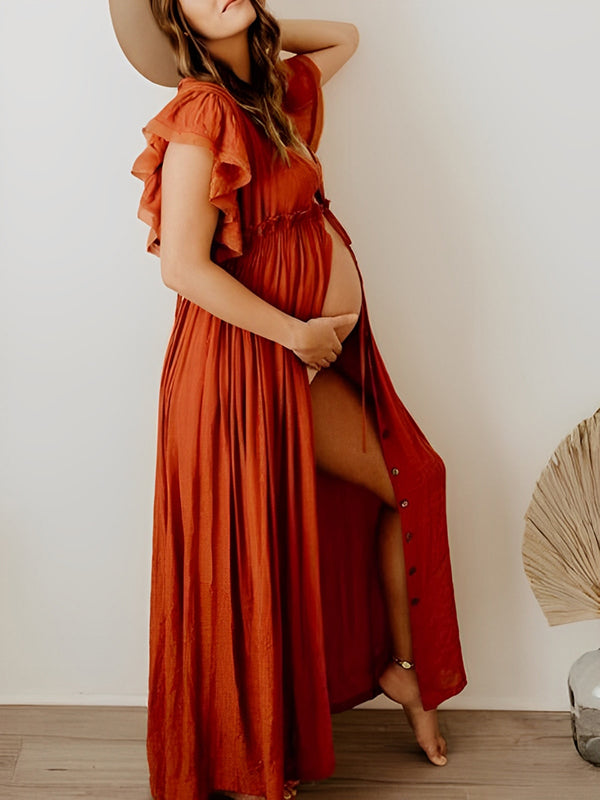 Single Breasted Drawstring Ruffle Tie Back Boho Maternity Photoshoot Maxi Dress