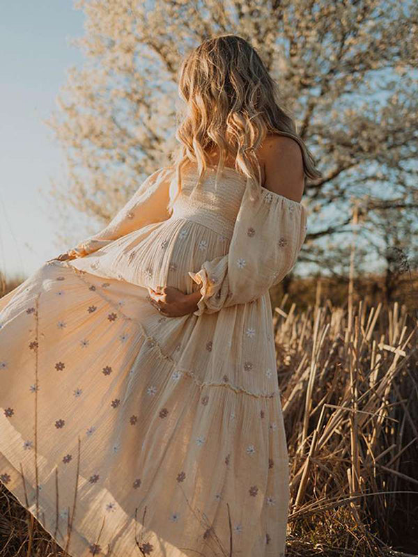 Apricot Daisy Off Shoulder Ruffle Boho Maternity Photoshoot Maxi Dress