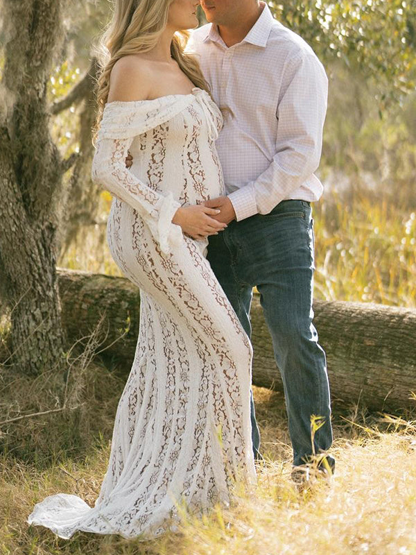 White Lace Off Shoulder Ruffle Mermaid Elegant Maternity Photoshoot Maxi Dress