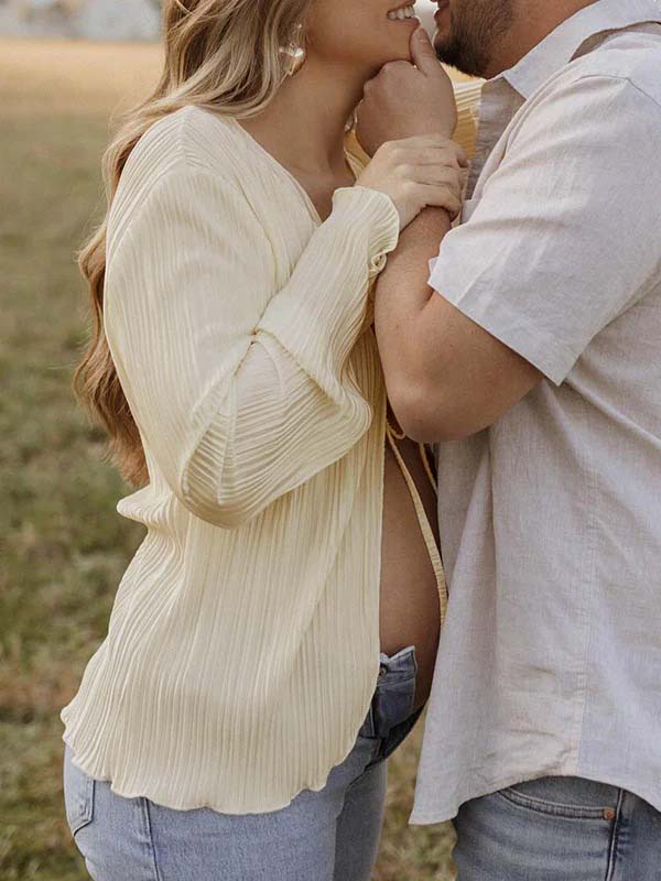 Beige lace-up Flare Sleeve Modern Fashion Maternity Photoshoot Blouse
