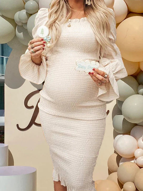 Ruffle Off Shoulder Long Sleeve Bodycon Baby Shower Maternity Midi Dress
