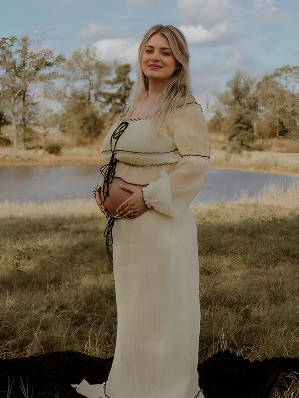 Two-piece Suit Boat Neck Puff sleeve elegant pregnancy pregnant woman long dresses