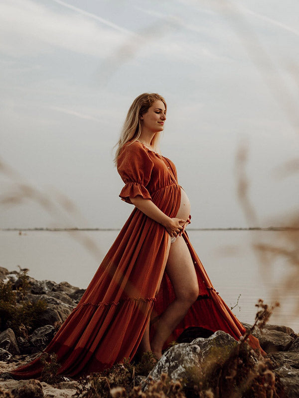 Off Shoulder Ruffle Open Belly Big Swing Boho Maternity Photoshoot Maxi Dress
