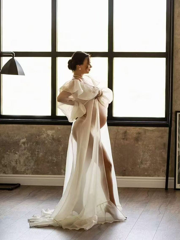 Ruffle Front Slit Tulle Tail Elegant Puffy Robe Maternity Shoot Maxi Dress