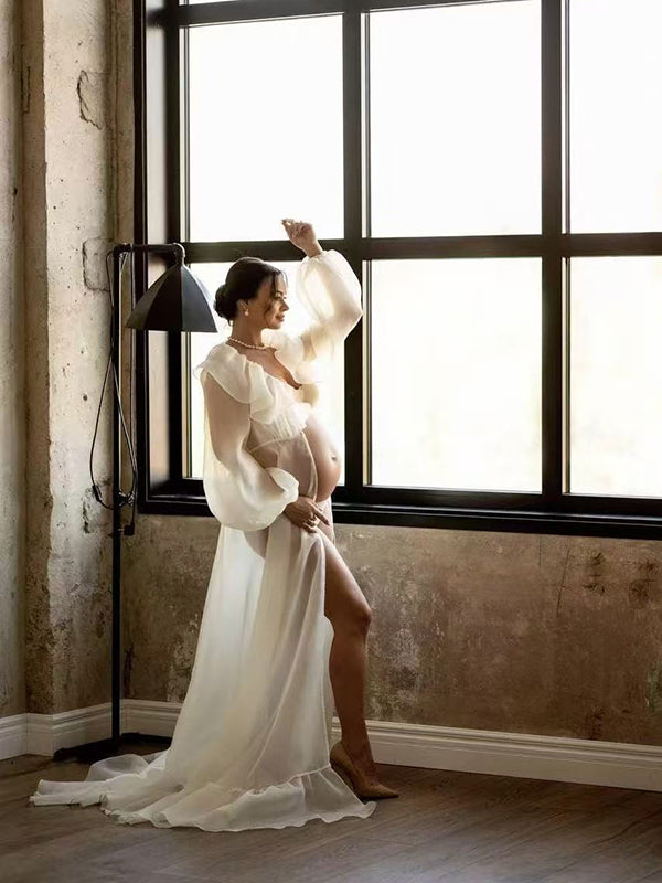 Ruffle Front Slit Tulle Tail Elegant Puffy Robe Maternity Shoot Maxi Dress