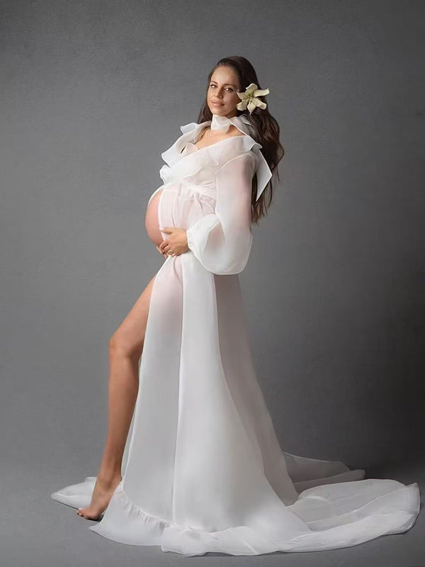 Ruffle Front Slit Tulle Tail Elegant Puffy Robe Maternity Shoot Maxi Dress