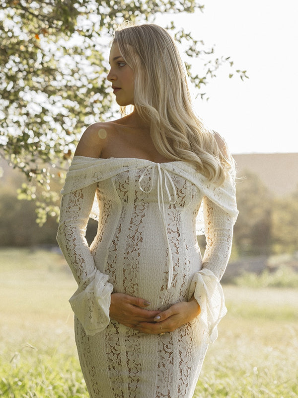 White Lace Off Shoulder Ruffle Mermaid Elegant Maternity Photoshoot Maxi Dress