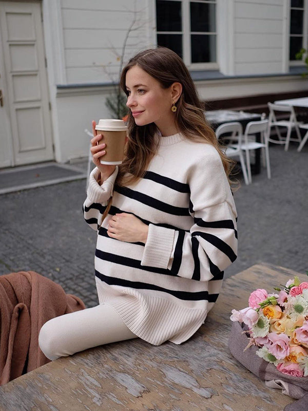 Striped Side Slit Everyday Pregnant Woman Pregnancy Sweater