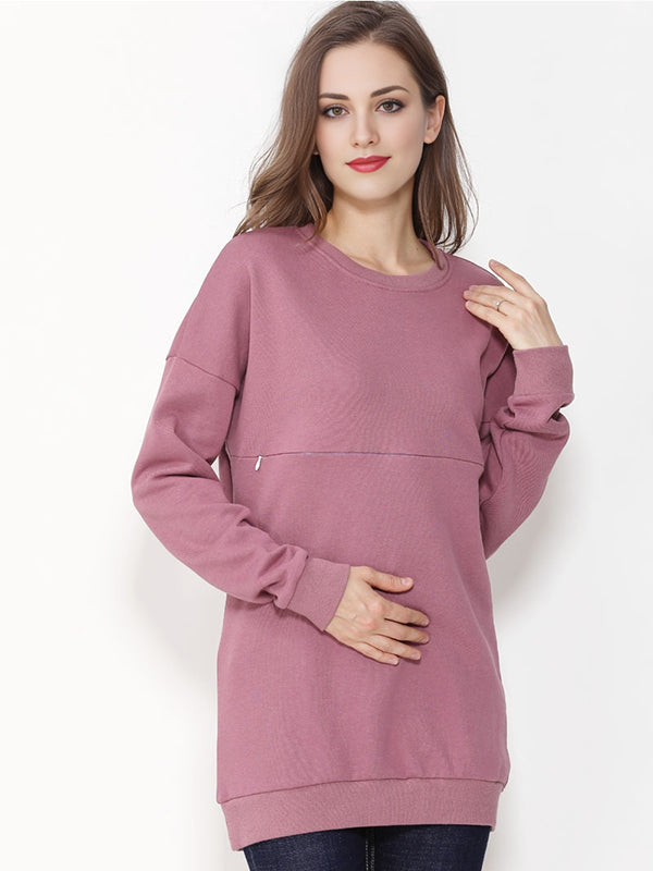 Long Sleeve Round Neck Solid Color Maternity Nursing Sweatshirt