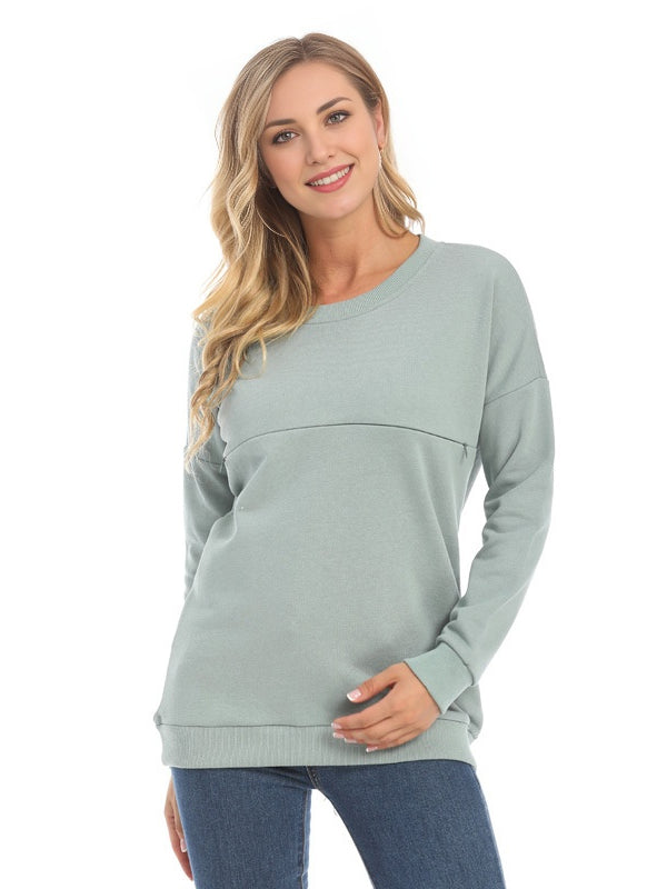 Long Sleeve Round Neck Solid Color Maternity Nursing Sweatshirt