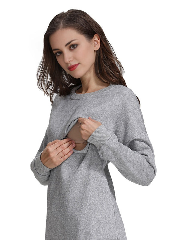Long Sleeve Round Neck Solid Color Maternity Nursing Sweatshirt