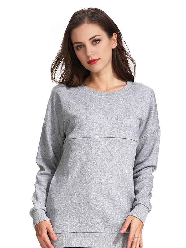 Long Sleeve Round Neck Solid Color Maternity Nursing Sweatshirt