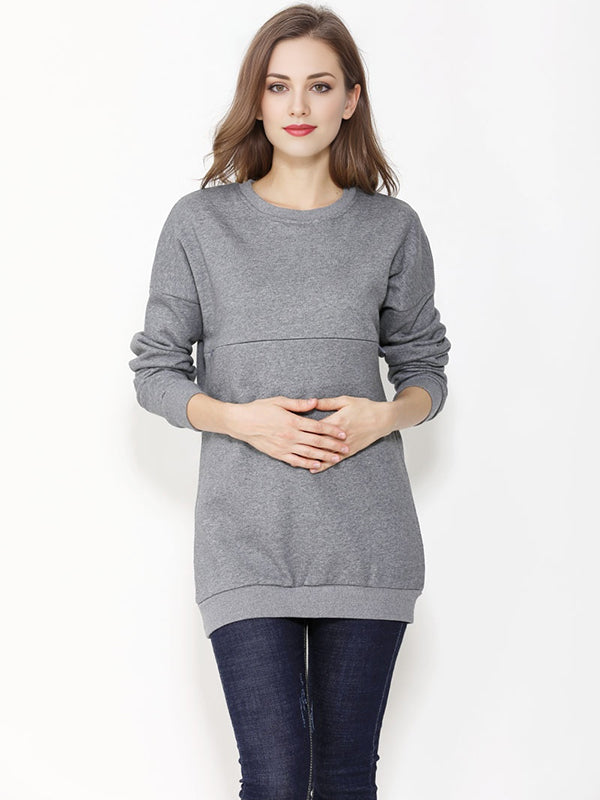 Long Sleeve Round Neck Solid Color Maternity Nursing Sweatshirt