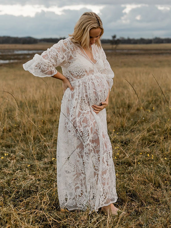 Lace Sheer Ruffle Bohemian Photoshoot Pregnant Woman Maxi Dress