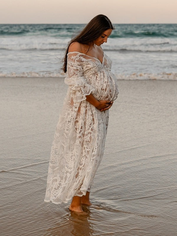 Lace Sheer Ruffle Bohemian Photoshoot Pregnant Woman Maxi Dress