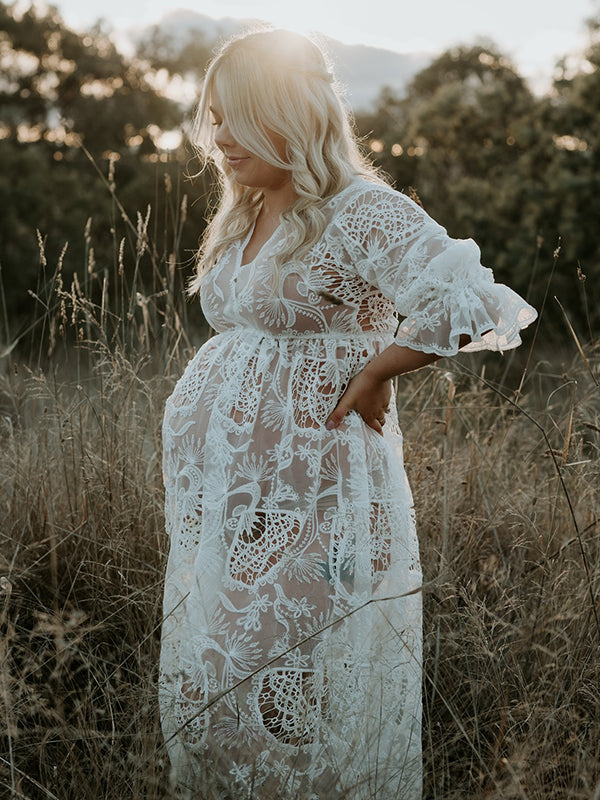 Lace Sheer Ruffle Bohemian Photoshoot Pregnant Woman Maxi Dress