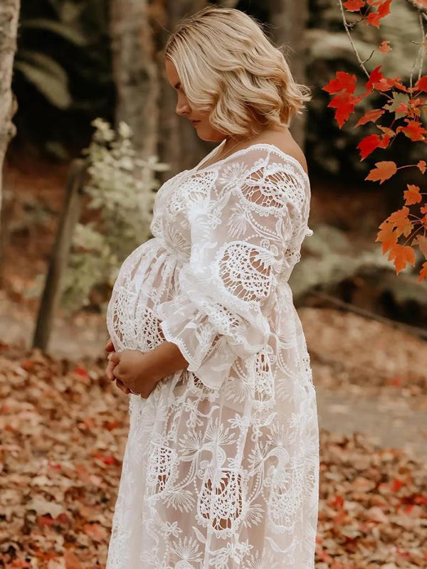 Lace Sheer Ruffle Bohemian Photoshoot Pregnant Woman Maxi Dress