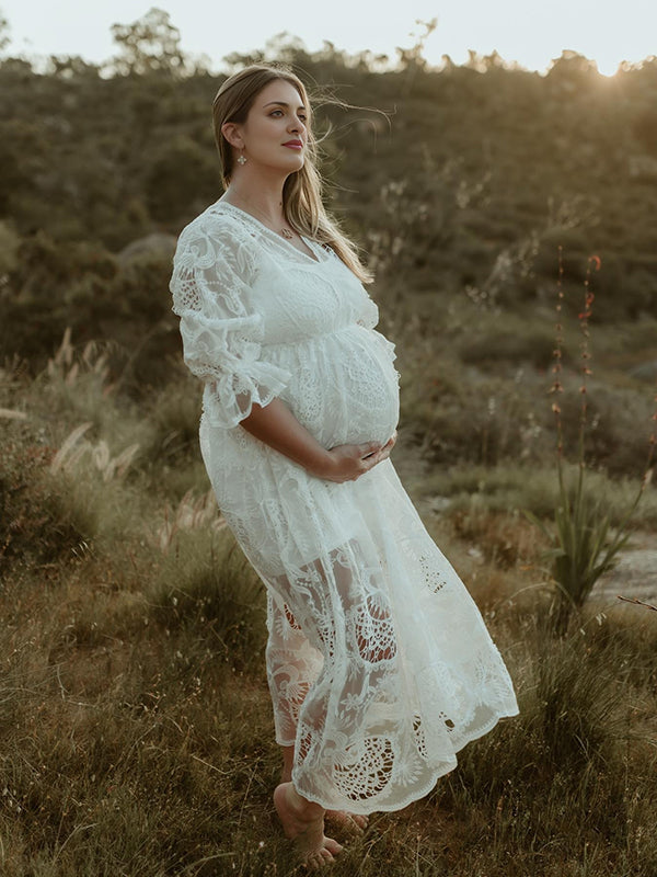 Lace Sheer Ruffle Bohemian Photoshoot Pregnant Woman Maxi Dress