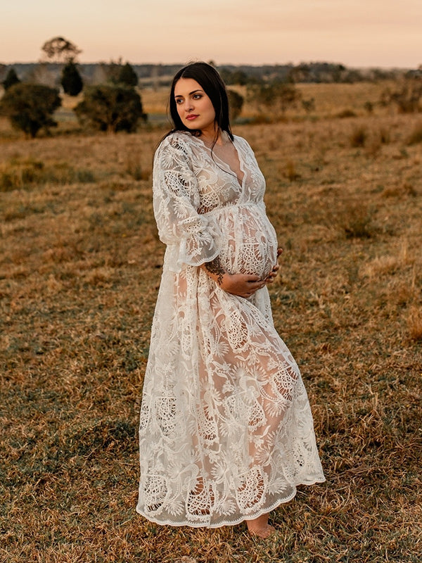 Lace Sheer Ruffle Bohemian Photoshoot Pregnant Woman Maxi Dress