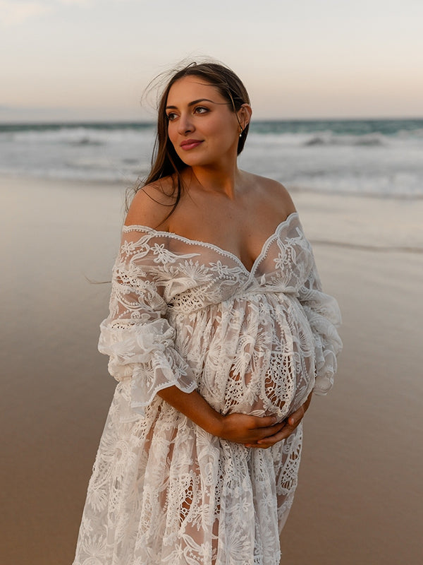 Lace Sheer Ruffle Bohemian Photoshoot Pregnant Woman Maxi Dress
