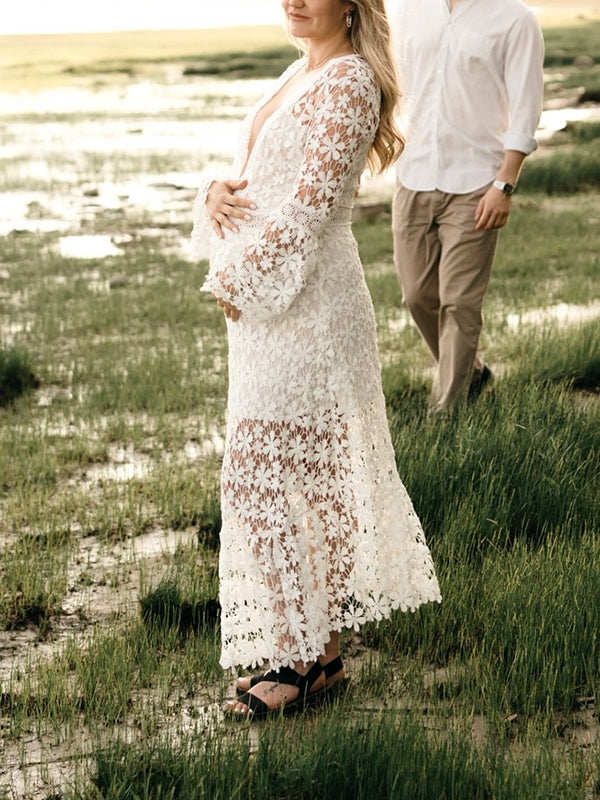 Lace Wedding Trumpet Sleeve Photoshoot Elegant Pregnant Woman Maxi Dress