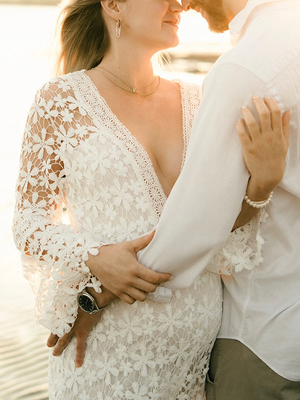 Lace Wedding Trumpet Sleeve Photoshoot Elegant Pregnant Woman Maxi Dress