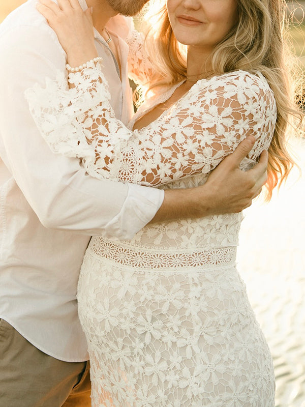 Lace Wedding Trumpet Sleeve Photoshoot Elegant Pregnant Woman Maxi Dress