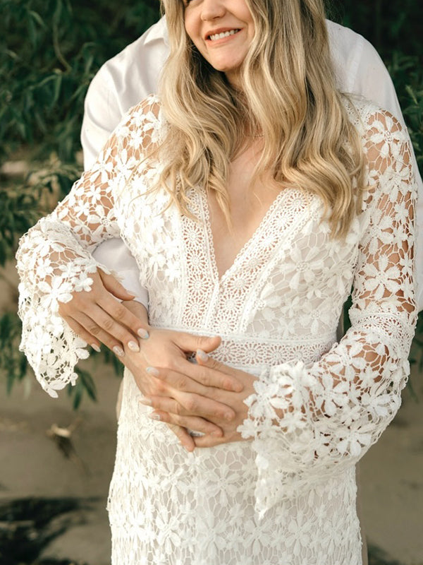 Lace Wedding Trumpet Sleeve Photoshoot Elegant Pregnant Woman Maxi Dress