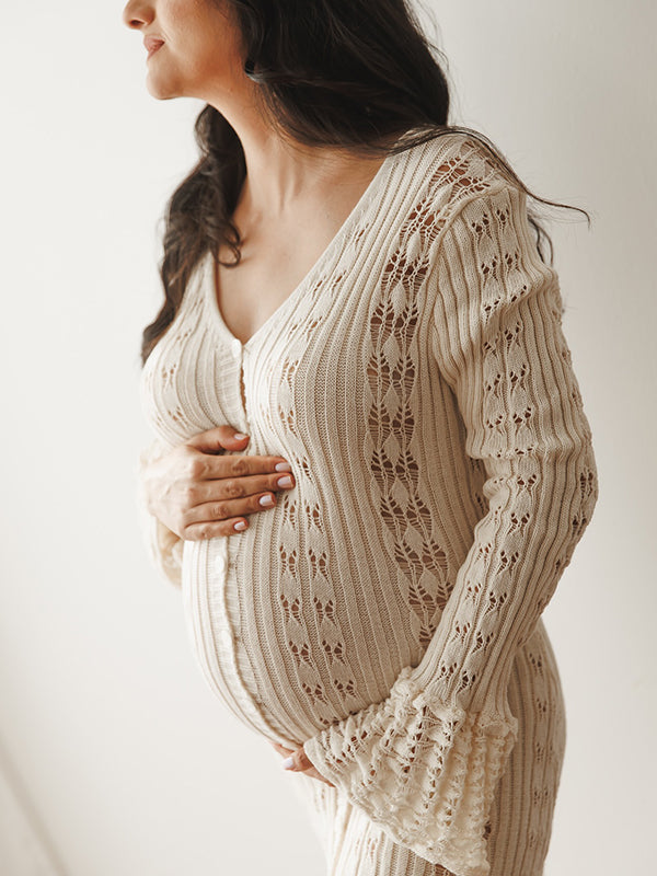 Ruffle Buttoning Cut Molding Photoshoot Elegant Pregnant Woman Maxi Dress