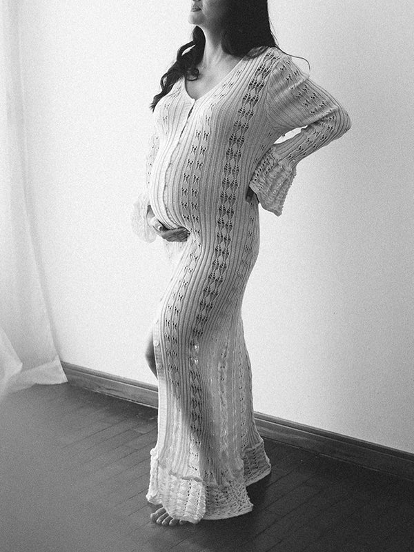 Ruffle Buttoning Cut Molding Photoshoot Elegant Pregnant Woman Maxi Dress