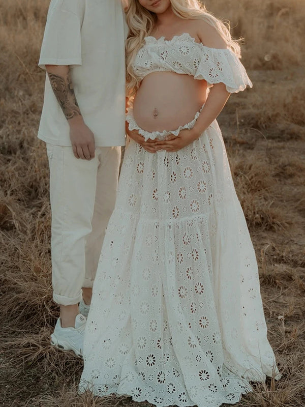 White Off Shoulder Ruffle Side Slit Big Swing Boho Maternity Photoshoot Maxi Dress