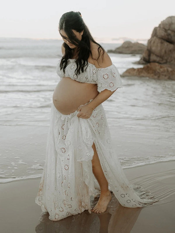 White Off Shoulder Ruffle Side Slit Big Swing Boho Maternity Photoshoot Maxi Dress