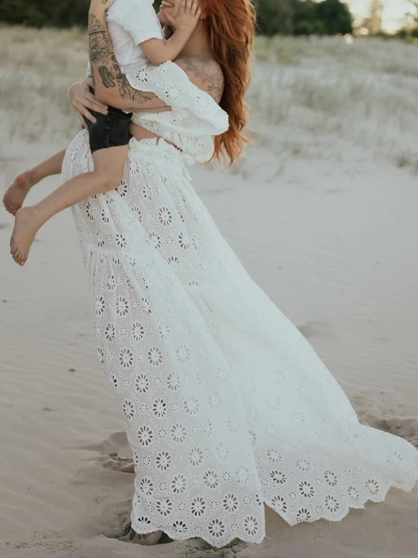 White Off Shoulder Ruffle Side Slit Big Swing Boho Maternity Photoshoot Maxi Dress