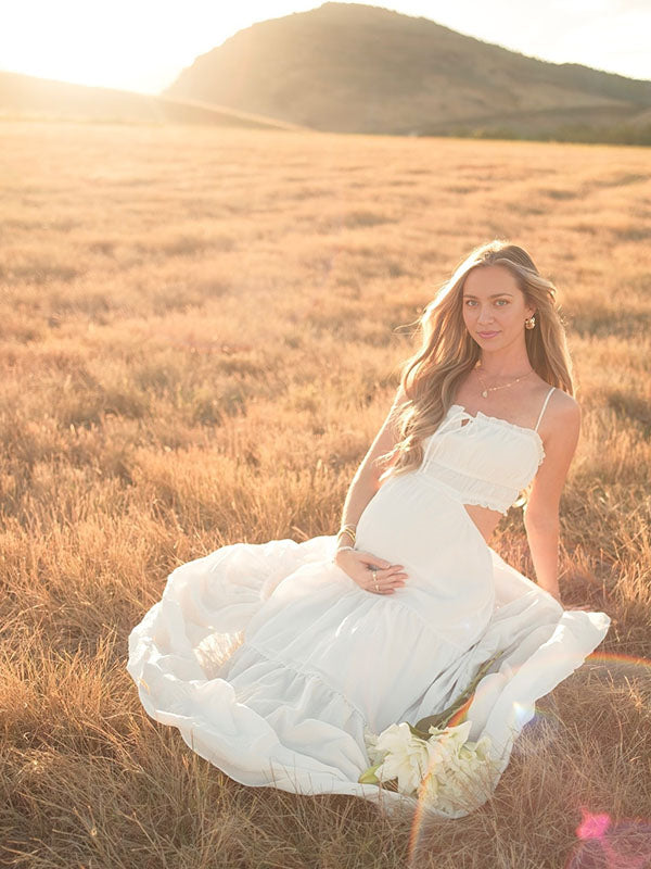 White Cut Out Backless Halter Neck Cami Big Swing Boho Maternity Photoshoot Maxi Dress