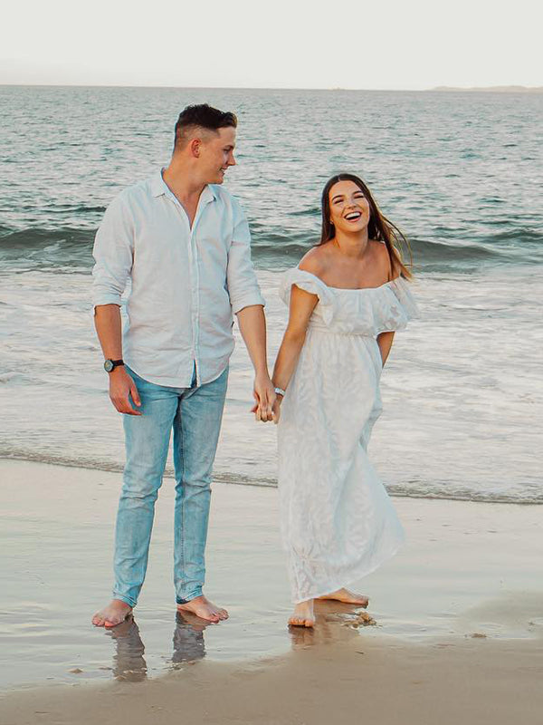 White Lace Off Shoulder Flowy Boho Maternity Photoshoot Maxi Dress