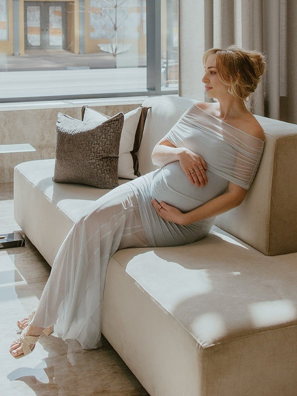 Light Blue Mesh Ruched Off Shoulder Elegant Maternity Photoshoot Maxi Dress
