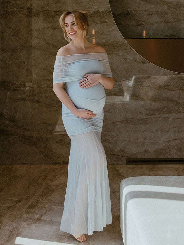 Light Blue Mesh Ruched Off Shoulder Elegant Maternity Photoshoot Maxi Dress